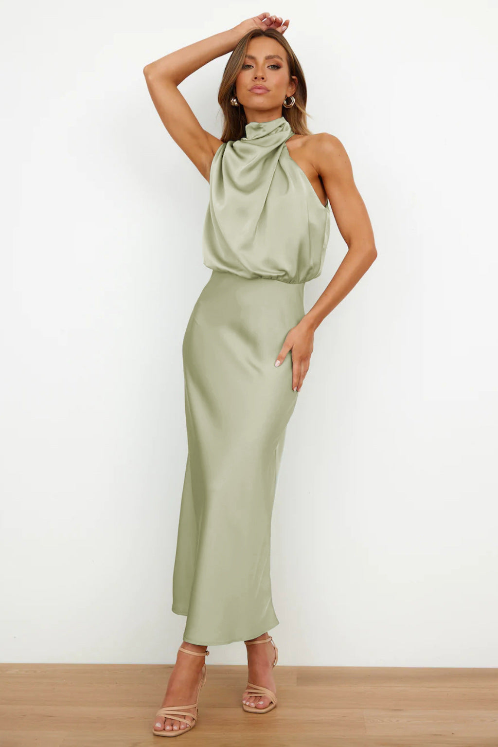Carlina | Long satin halterneck dress