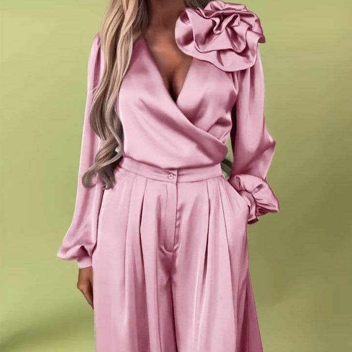 Luxurious set with a satin shirt and wide trousers