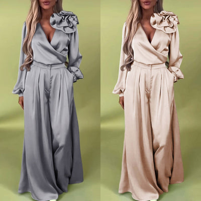 Luxurious set with a satin shirt and wide trousers