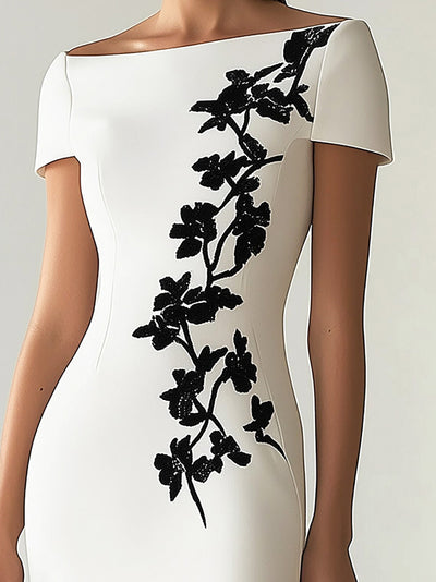 Chic Boatneck Dress with Asymmetrical Floral Print