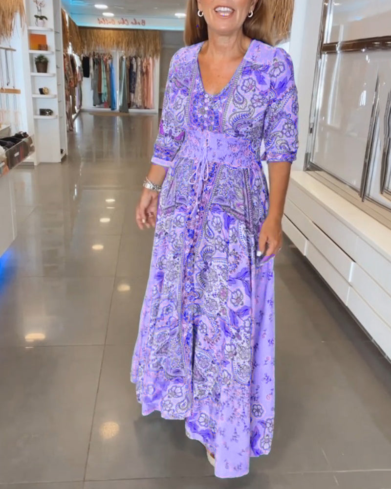 3/4-sleeve holiday dress with V-neck