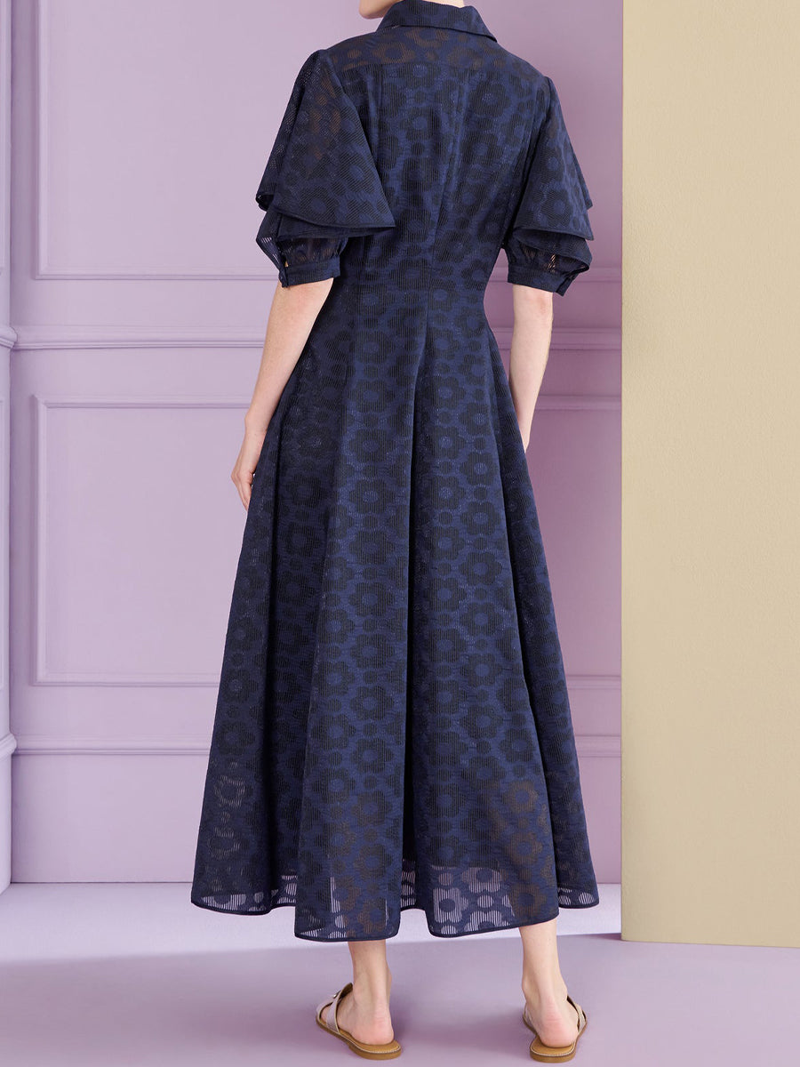 Navy Flounced Sleeve Shirt Collar Dress