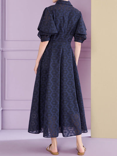 Navy Flounced Sleeve Shirt Collar Dress