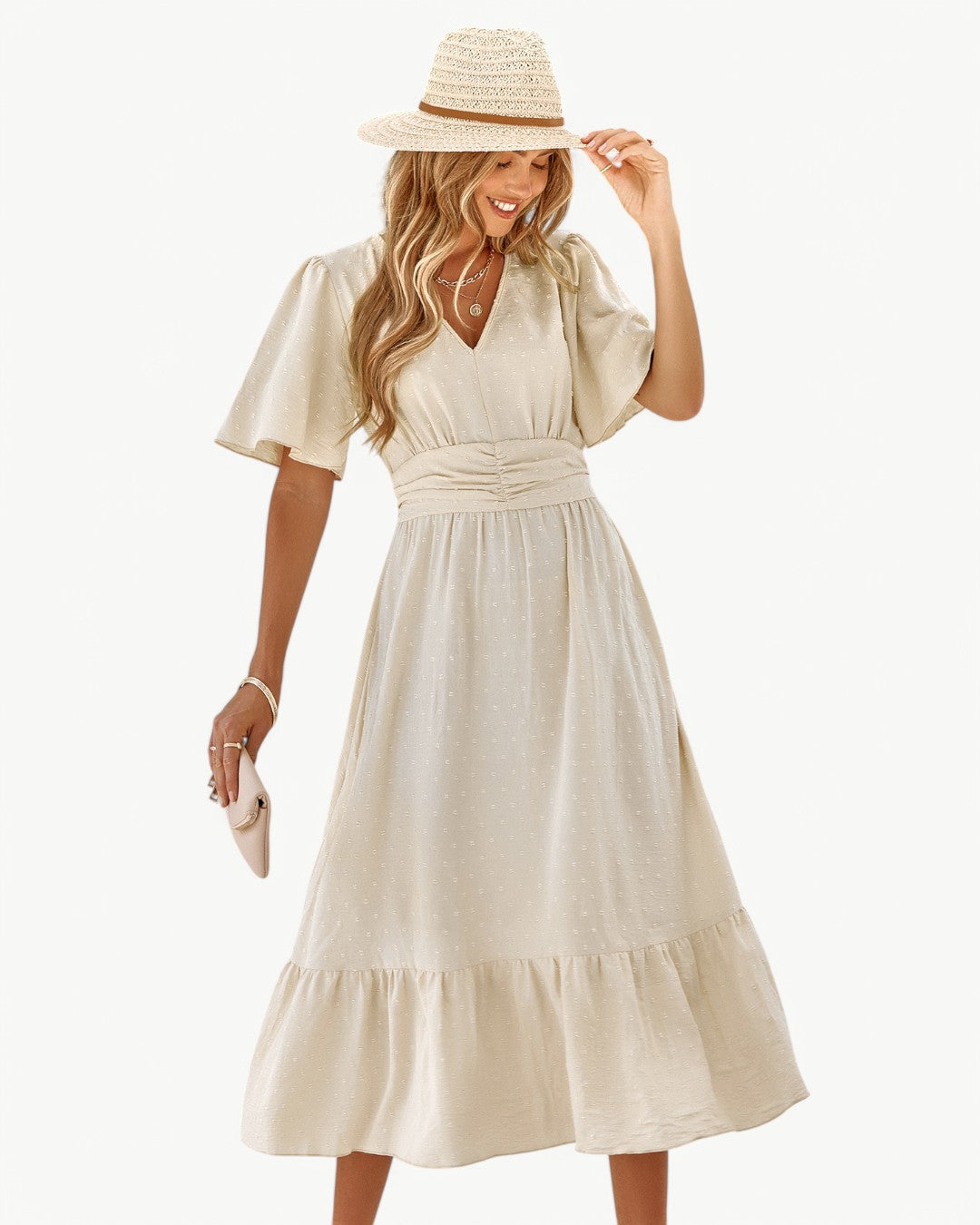 RENÉE – V-neck calf-length dress with short sleeves – Light and stylish