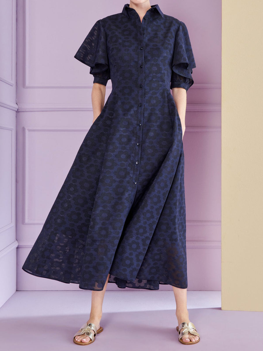 Navy Flounced Sleeve Shirt Collar Dress