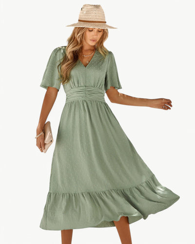 RENÉE – V-neck calf-length dress with short sleeves – Light and stylish