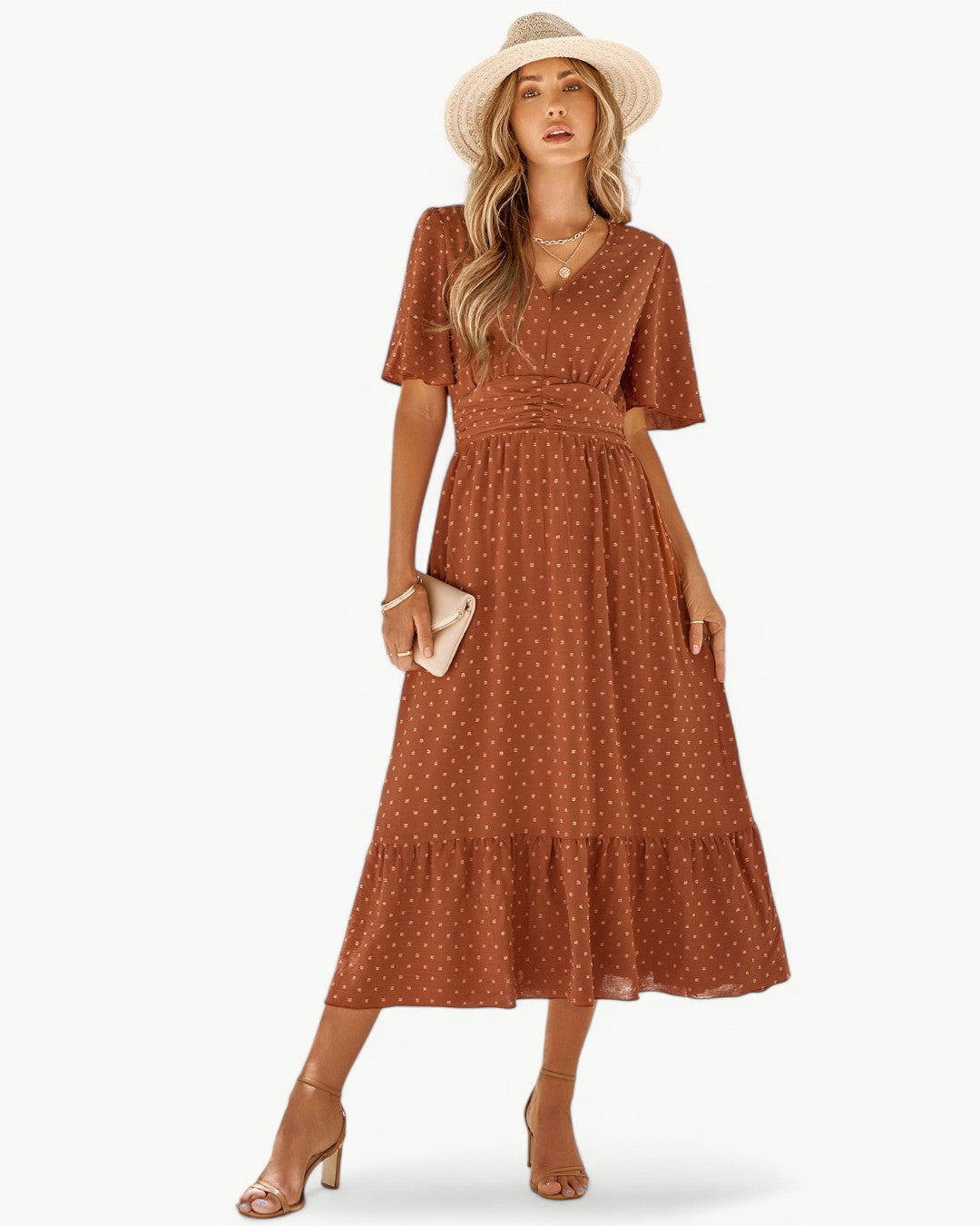 RENÉE – V-neck calf-length dress with short sleeves – Light and stylish