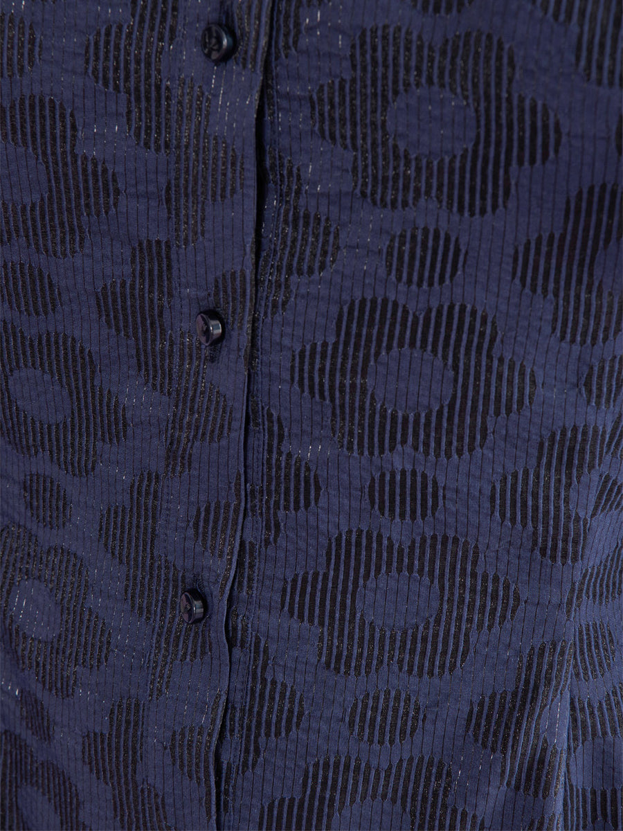 Navy Flounced Sleeve Shirt Collar Dress