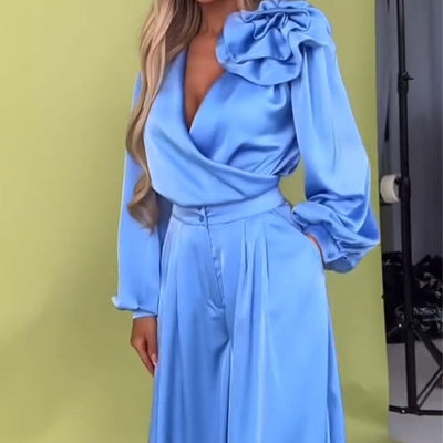 Luxurious set with a satin shirt and wide trousers