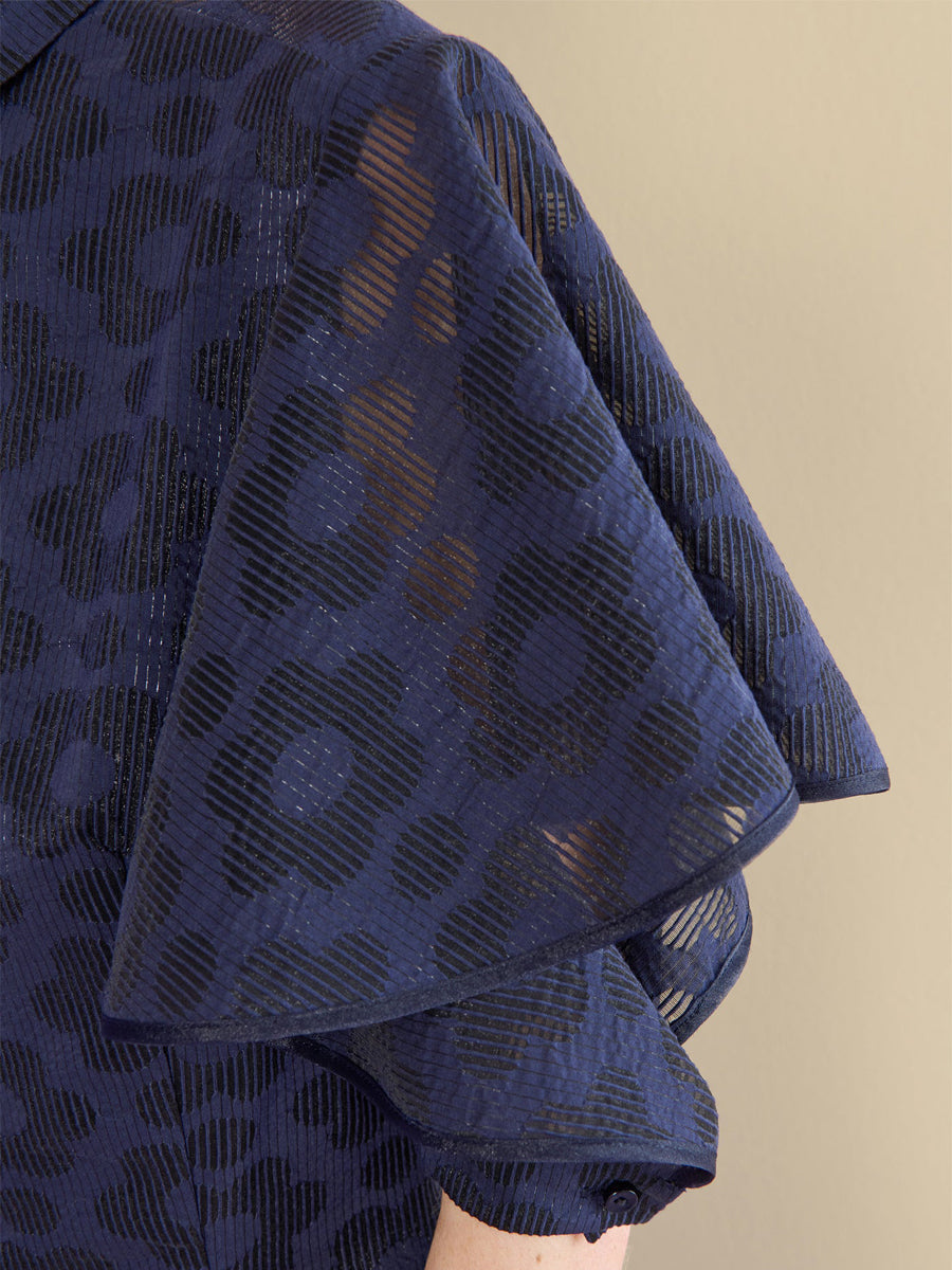 Navy Flounced Sleeve Shirt Collar Dress