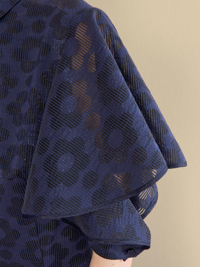 Navy Flounced Sleeve Shirt Collar Dress