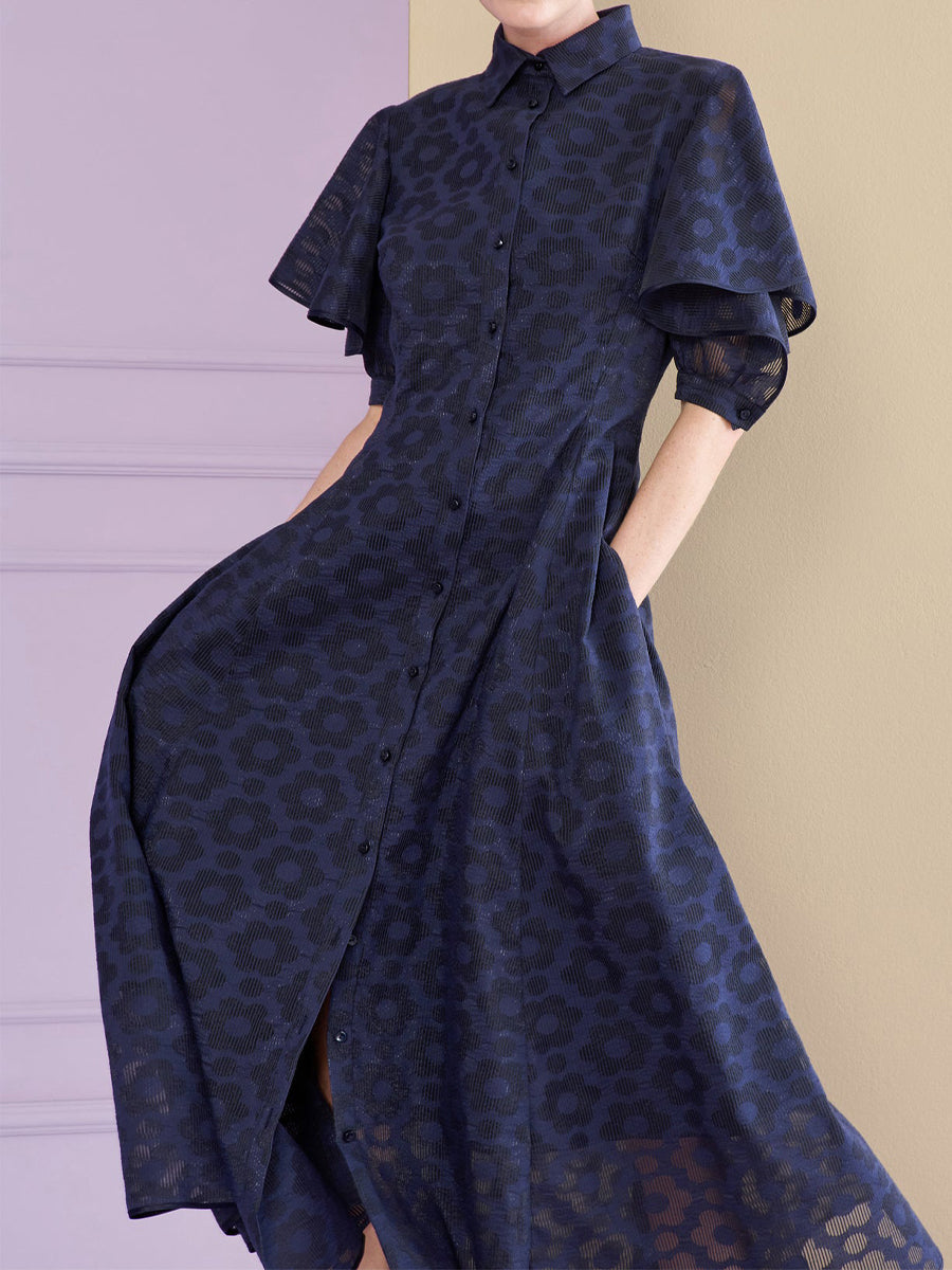 Navy Flounced Sleeve Shirt Collar Dress