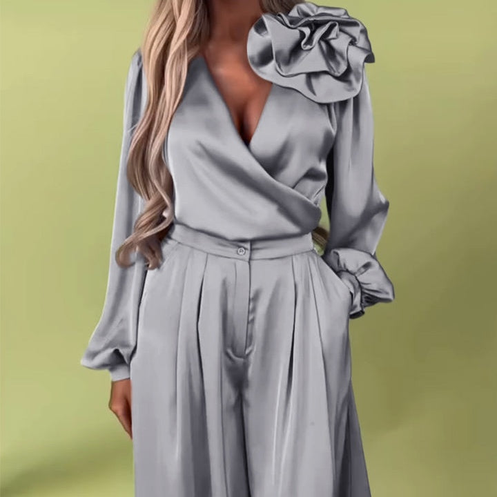 Luxurious set with a satin shirt and wide trousers