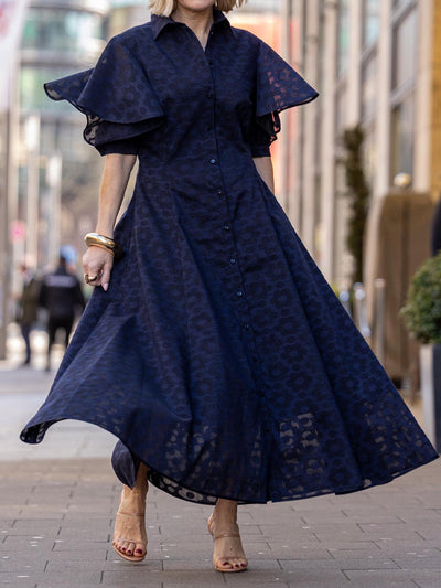 Navy Flounced Sleeve Shirt Collar Dress