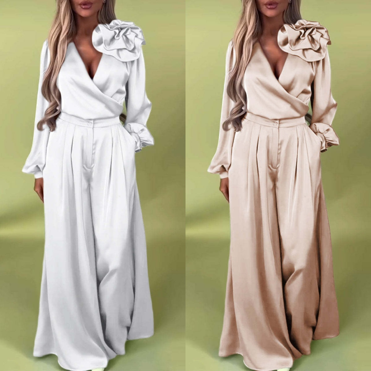 Luxurious set with a satin shirt and wide trousers