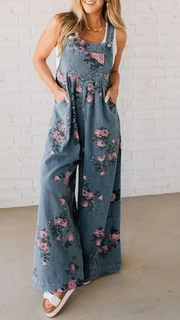 Floral Wide Leg Denim Overalls