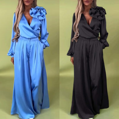 Luxurious set with a satin shirt and wide trousers
