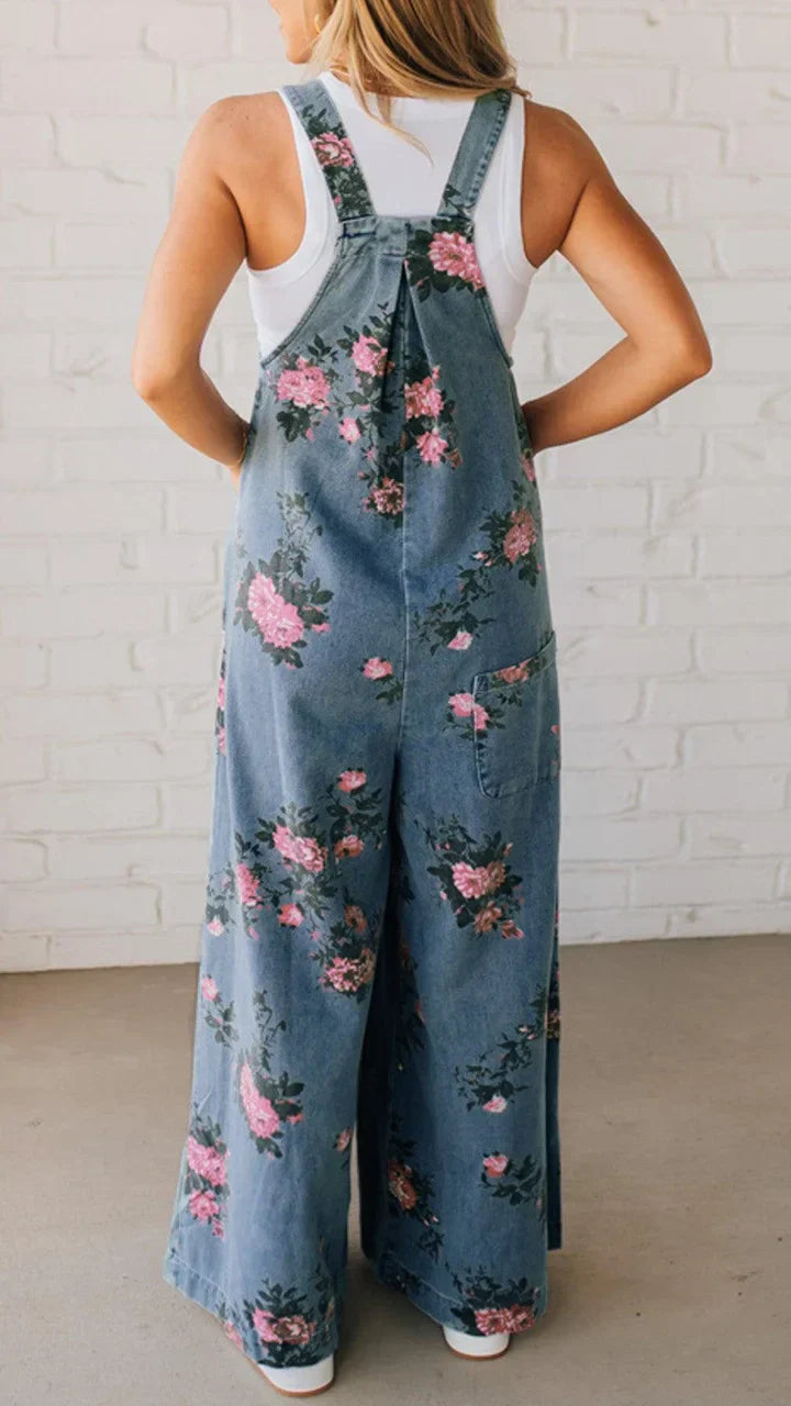 Floral Wide Leg Denim Overalls