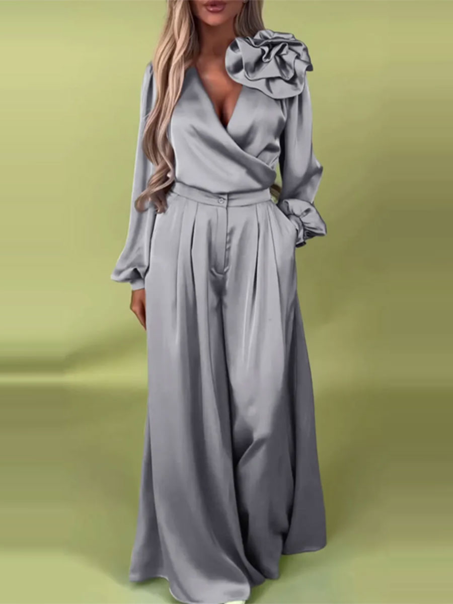 Luxurious set with a satin shirt and wide trousers