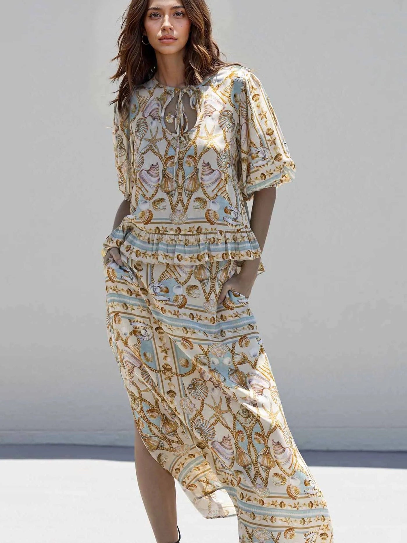 Exquisite Satin Ocean Treasure Print Maxi Dress