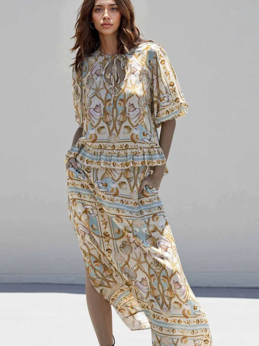 Exquisite Satin Ocean Treasure Print Maxi Dress