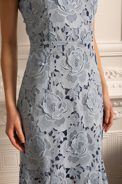 Floral Pattern Lace Dress With High Collar And Midi Skirt - Blue