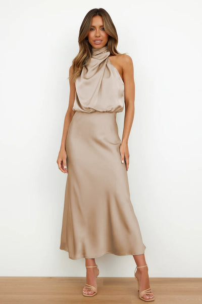 Carlina | Long satin halterneck dress