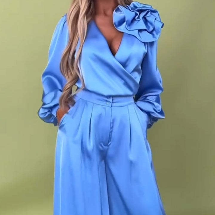 Luxurious set with a satin shirt and wide trousers