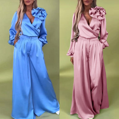 Luxurious set with a satin shirt and wide trousers