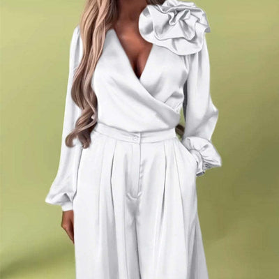 Luxurious set with a satin shirt and wide trousers