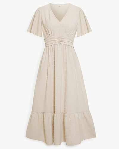 RENÉE – V-neck calf-length dress with short sleeves – Light and stylish