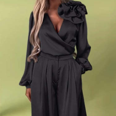 Luxurious set with a satin shirt and wide trousers