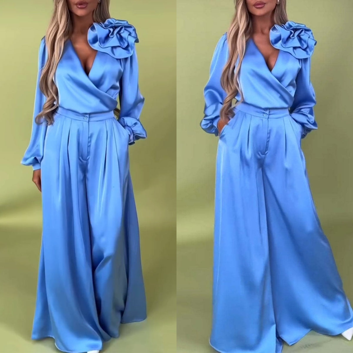 Luxurious set with a satin shirt and wide trousers