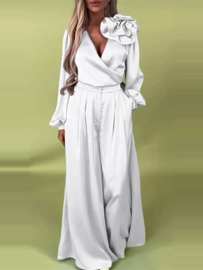 Luxurious set with a satin shirt and wide trousers