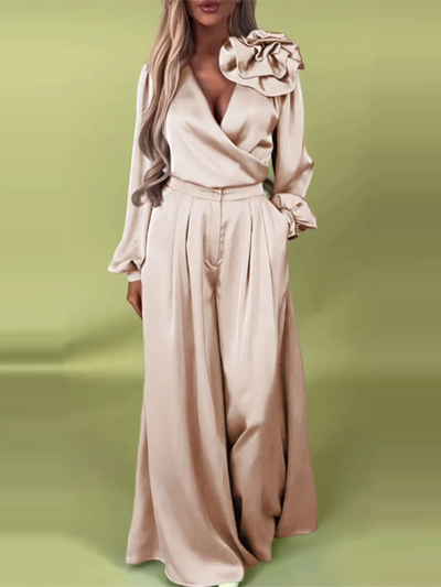 Luxurious set with a satin shirt and wide trousers