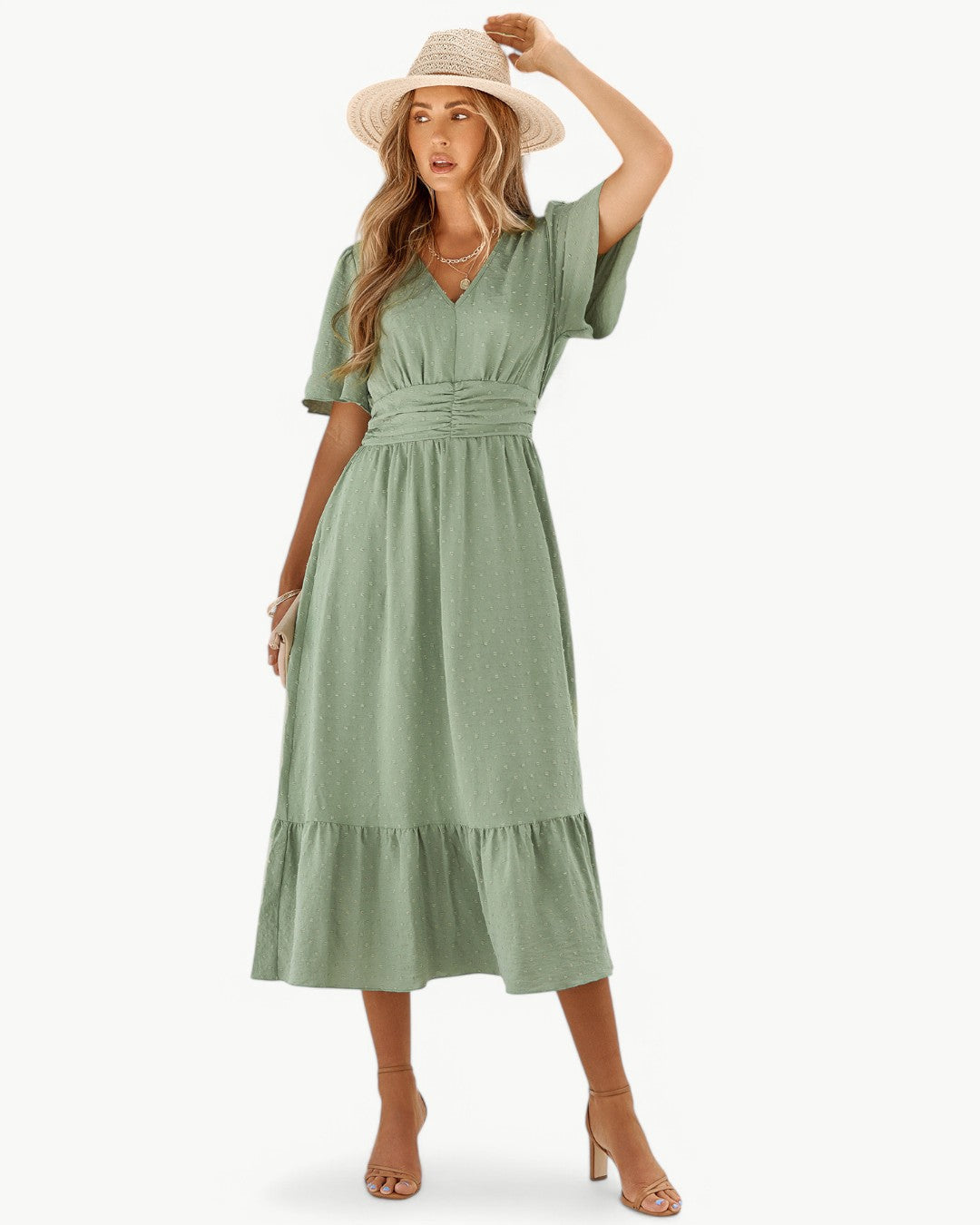 RENÉE – V-neck calf-length dress with short sleeves – Light and stylish