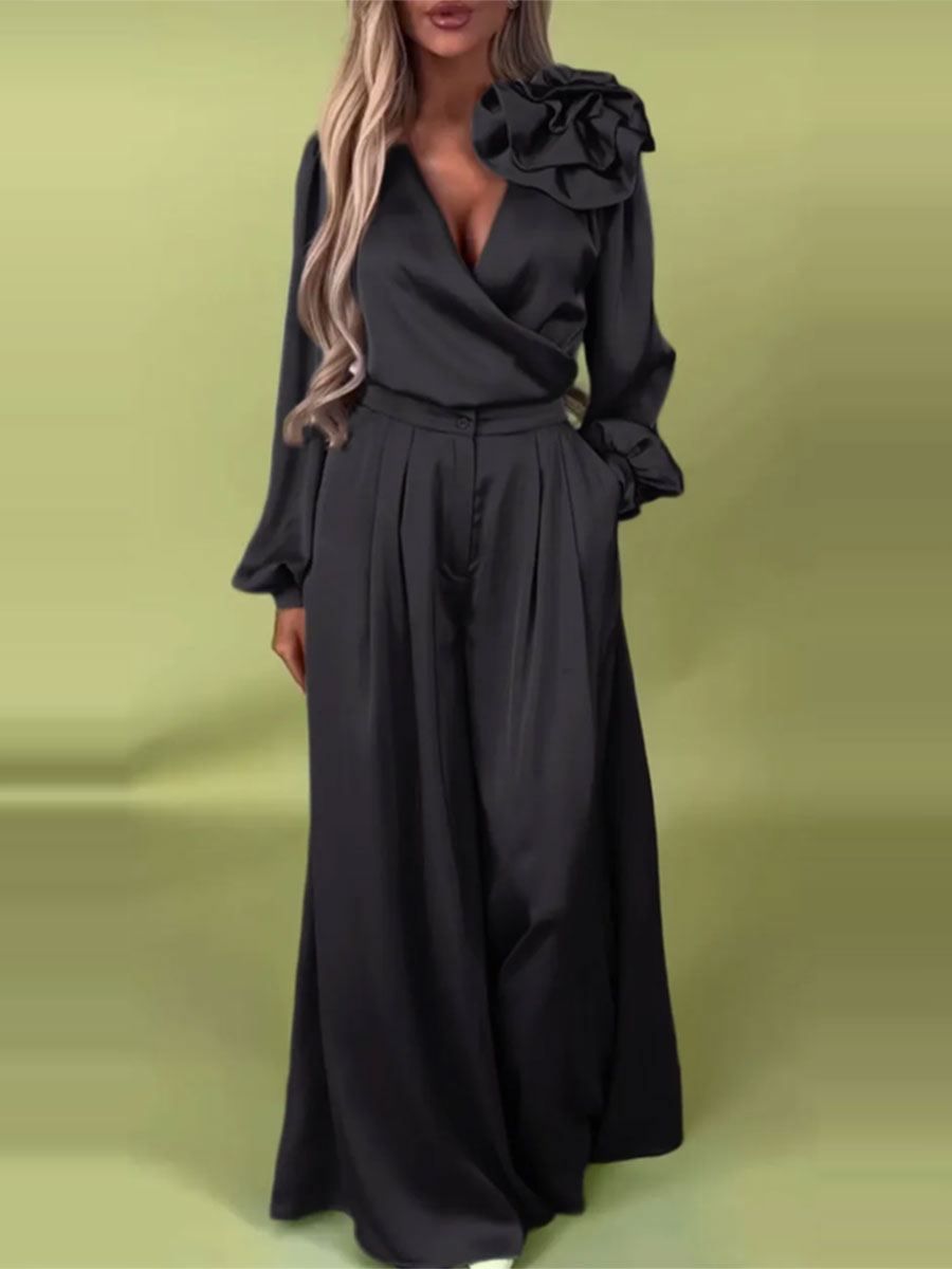 Luxurious set with a satin shirt and wide trousers