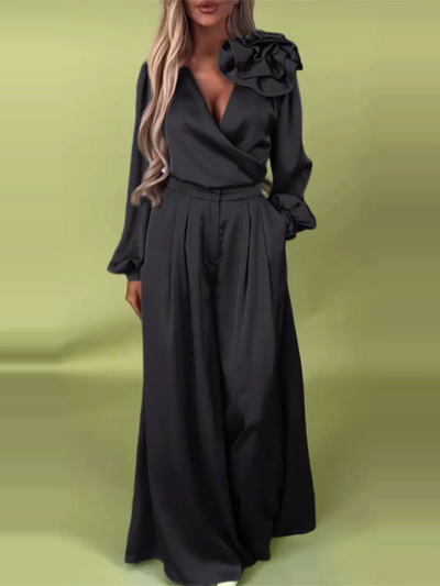 Luxurious set with a satin shirt and wide trousers