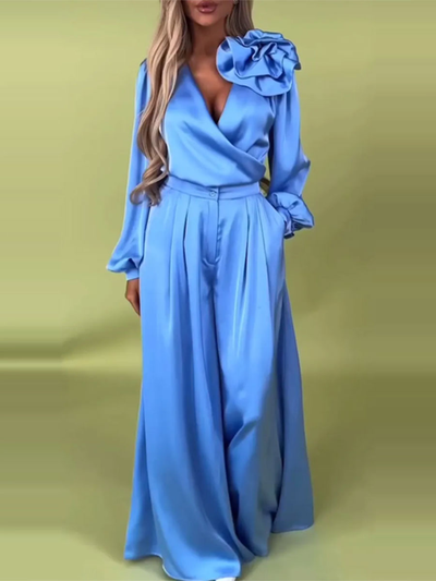 Luxurious set with a satin shirt and wide trousers
