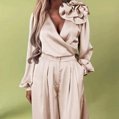 Luxurious set with a satin shirt and wide trousers