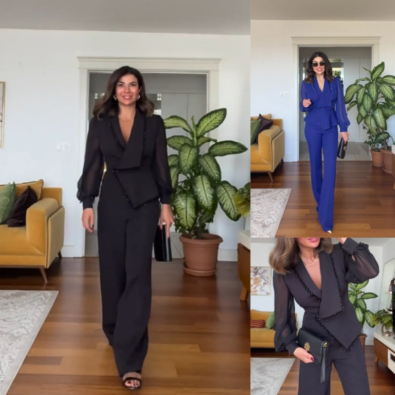 Elegant Black Pearl Blouse & Wide Leg Pants (2 Piece Set)
