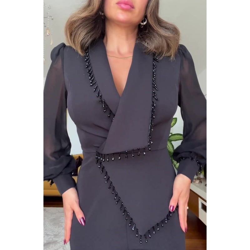 Elegant Black Pearl Blouse & Wide Leg Pants (2 Piece Set)