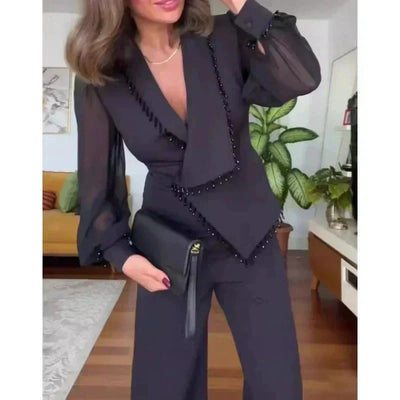 Elegant Black Pearl Blouse & Wide Leg Pants (2 Piece Set)
