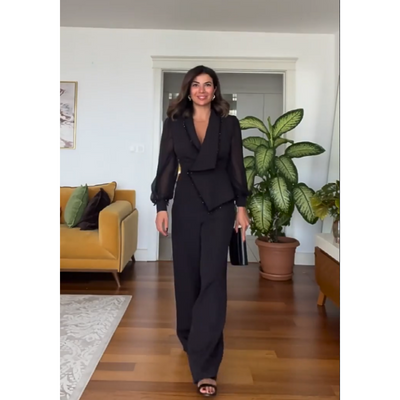 Elegant Black Pearl Blouse & Wide Leg Pants (2 Piece Set)