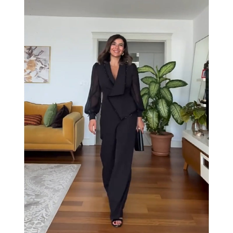 Elegant Black Pearl Blouse & Wide Leg Pants (2 Piece Set)
