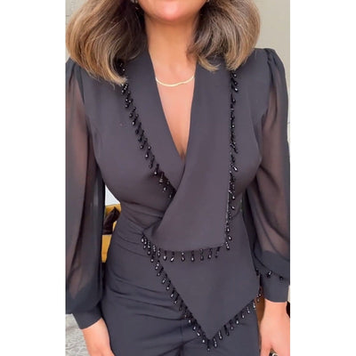 Elegant Black Pearl Blouse & Wide Leg Pants (2 Piece Set)