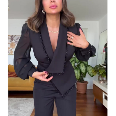 Elegant Black Pearl Blouse & Wide Leg Pants (2 Piece Set)
