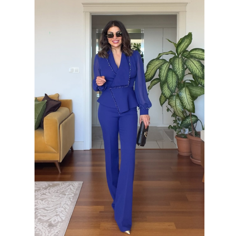 Elegant Black Pearl Blouse & Wide Leg Pants (2 Piece Set)