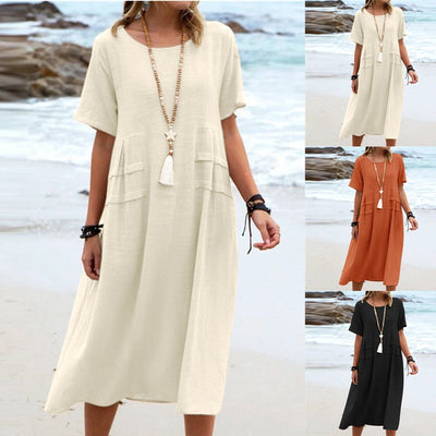 Cotton linen round neck midi dress