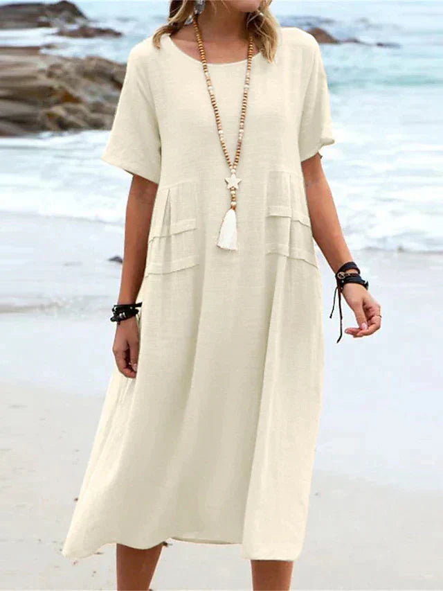 Cotton linen round neck midi dress
